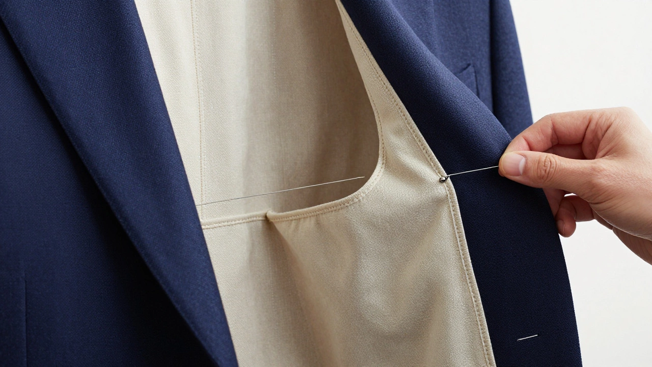 Cross-section of a suit jacket showing a hand-stitched horsehair canvas interior.