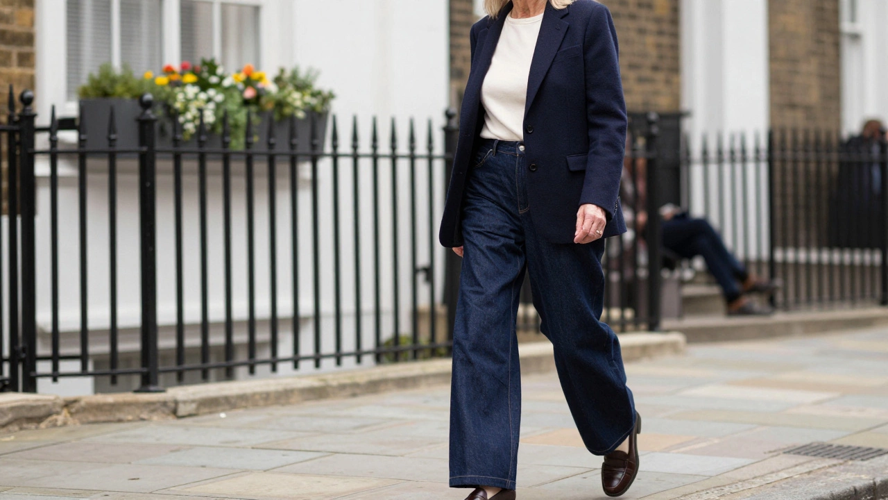Elegant senior woman in a navy blazer and dark indigo wide-leg jeans with loafers.