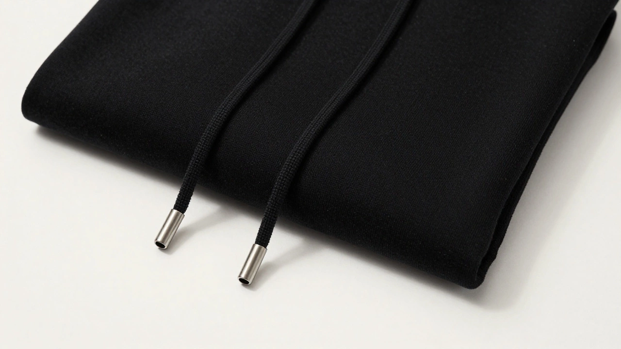 Flat lay of a black hoodie highlighting heavy cotton drawstrings with metal aglets