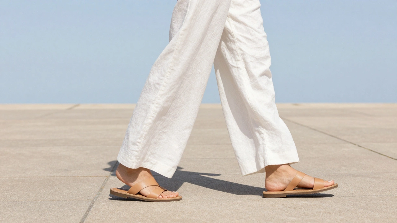 Lower body shot of someone wearing wide-leg white linen trousers and tan sandals