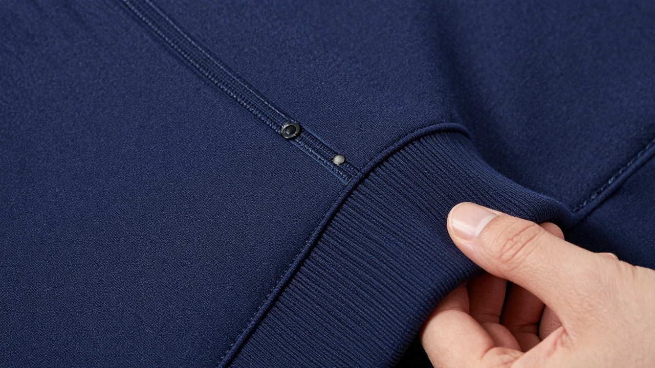 Macro view of double-needle stitching and elastic ribbed cuff on a navy hoodie