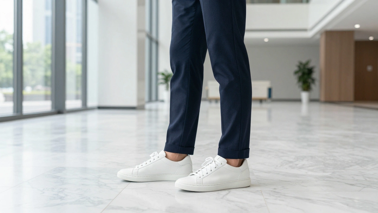 Minimalist white leather sneakers paired with formal office attire