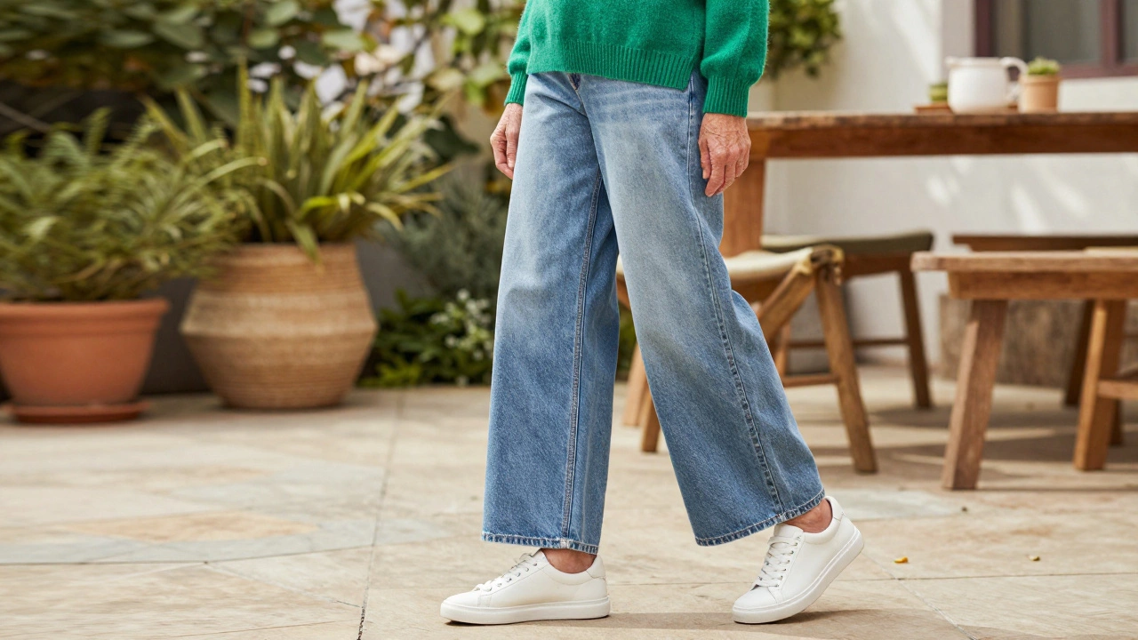 Senior woman in light-wash palazzo jeans and an emerald green sweater.