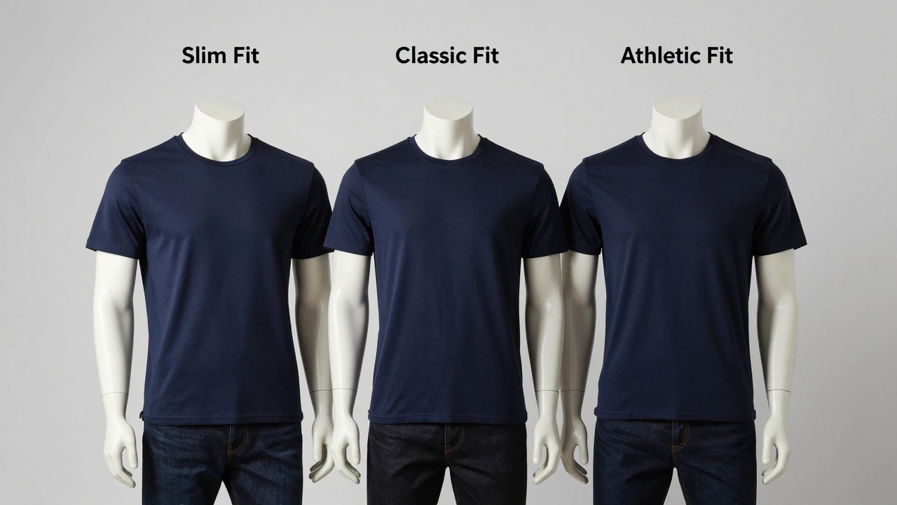Three mannequins showcasing slim fit, classic fit, and athletic fit t-shirts