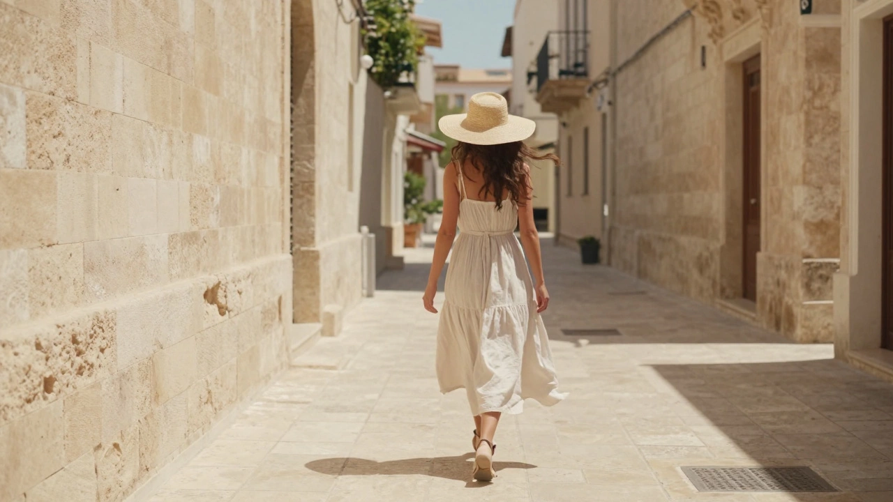 Woman in a light-colored flowing cotton sundress and straw hat walking in a sunny city
