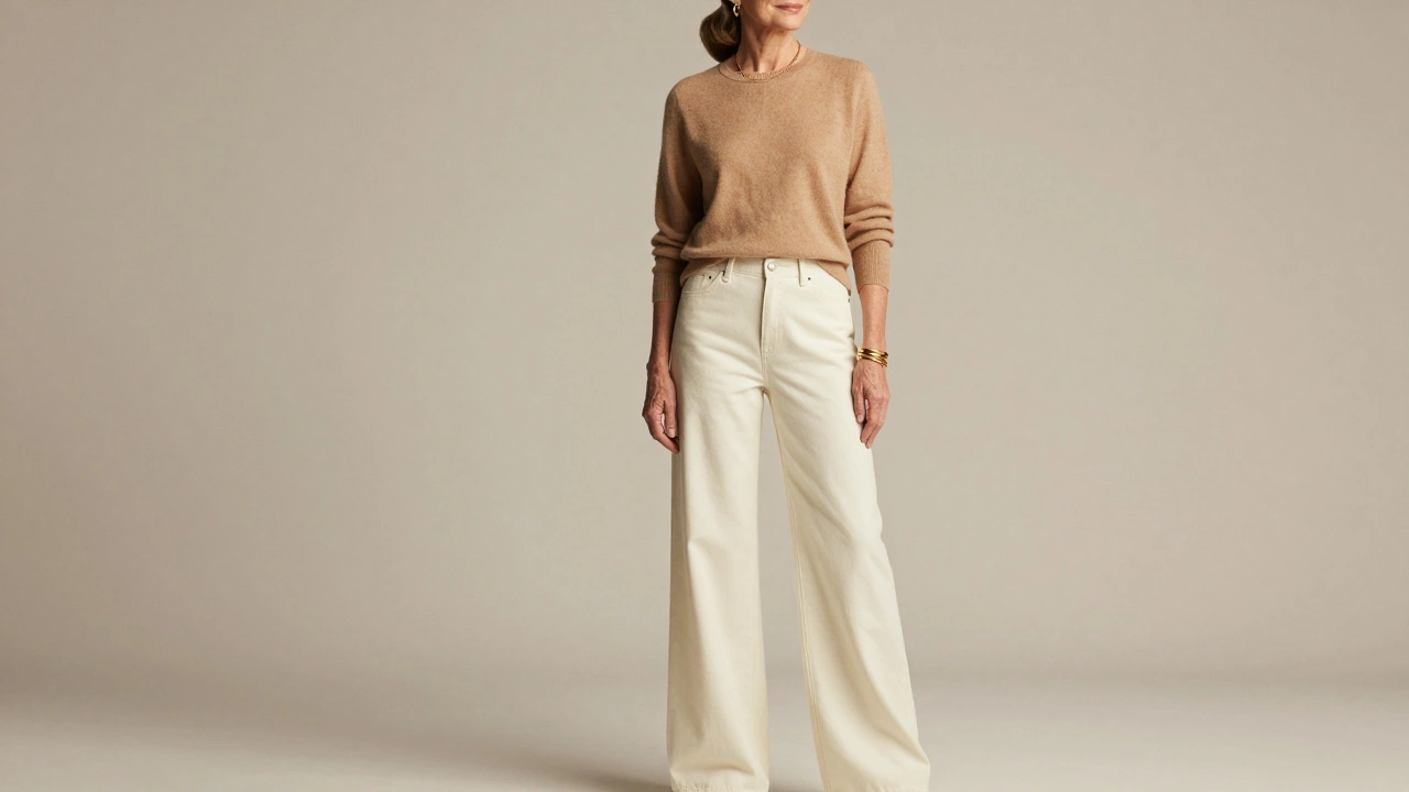Woman in her 70s wearing luxury cream wide-leg jeans and a tan sweater