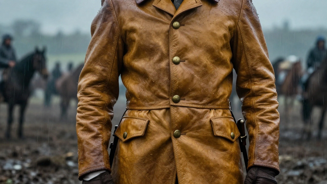 Cavalryman in a leather buff coat during rainy 17th-century battle