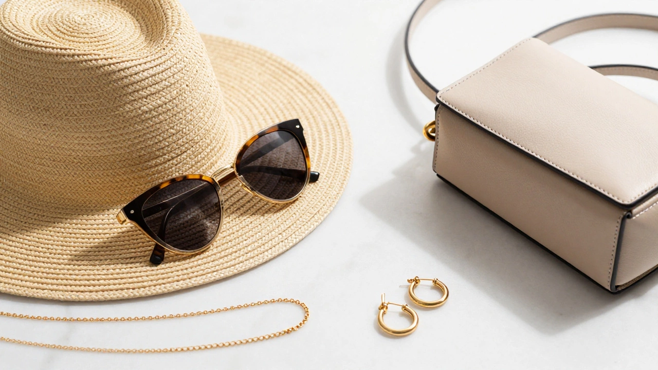 Chic summer accessories including straw hat, sunglasses, and gold jewelry