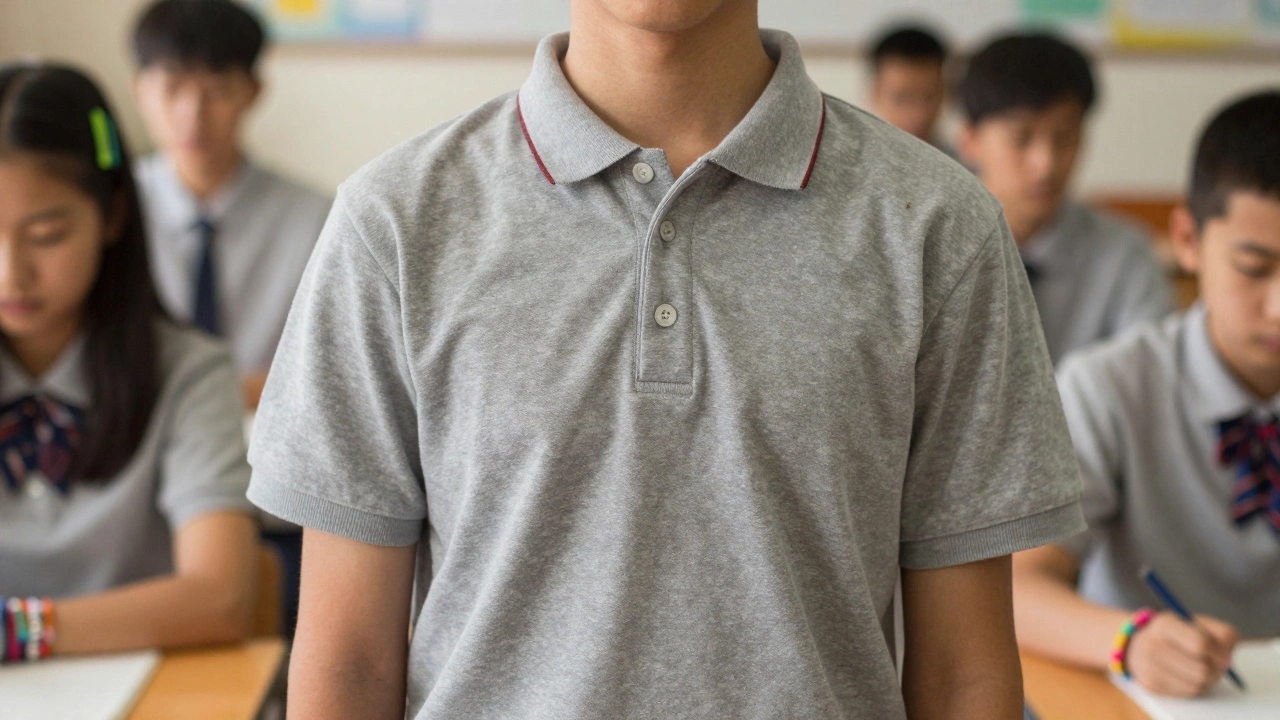 Close-up of a student showing personal accessories on a standard school uniform.