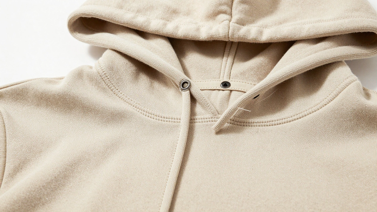 Close up of clean stitching and metal eyelet inside hoodie