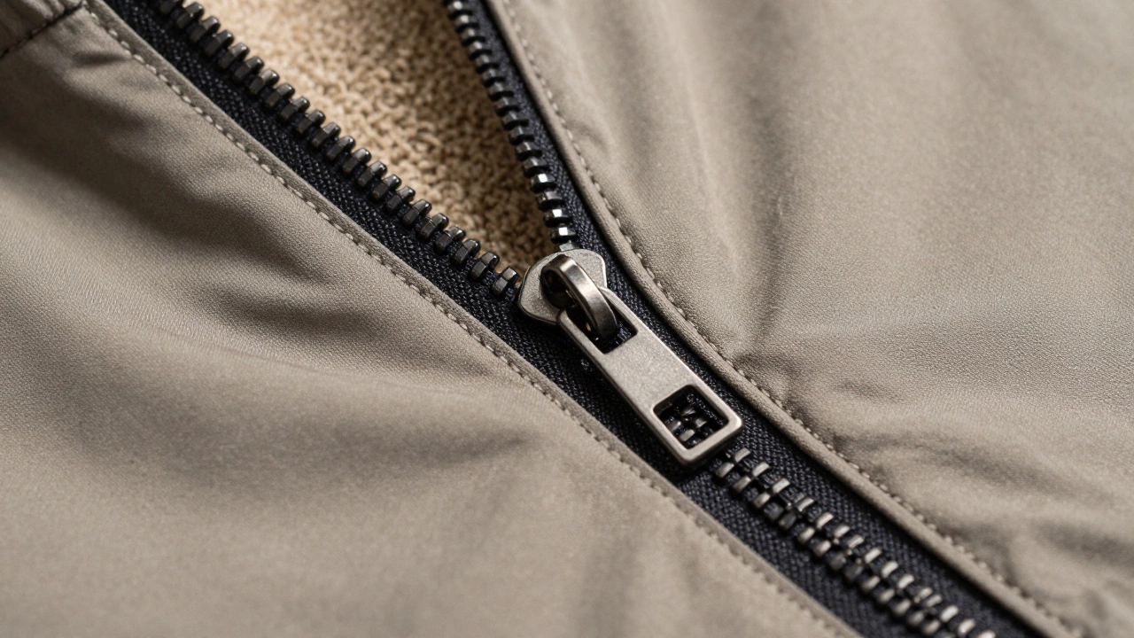 Close-up of zippers connecting a jacket's shell and fleece liner