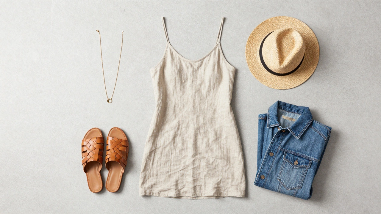 Flat lay of a beige linen dress with sandals, hat, and accessories