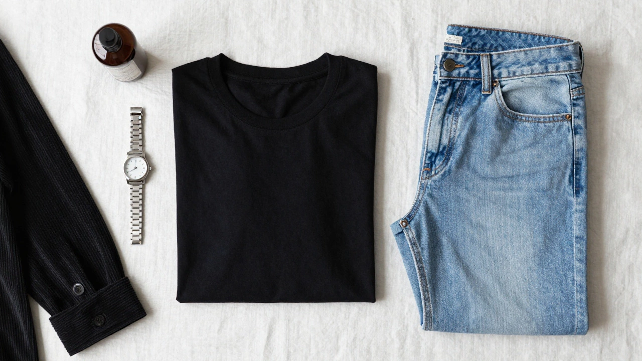 Flat lay of a black t-shirt with denim, silver watch, and care products