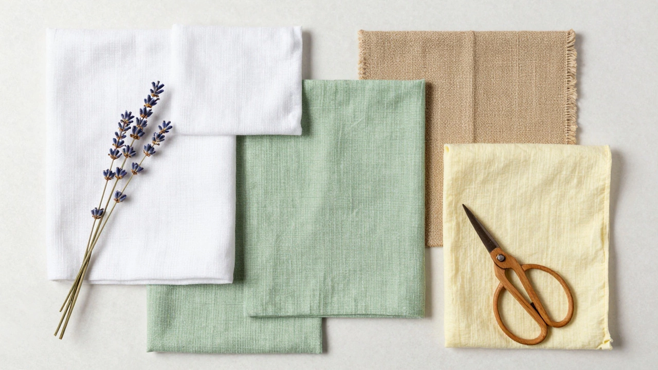 Flat lay of natural summer fabrics including linen, ramie, and hemp