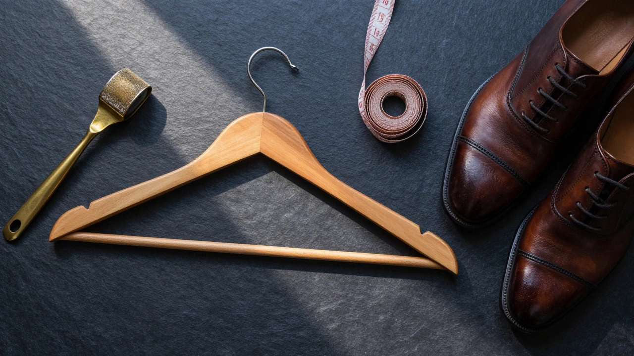 Flat lay of suit accessories including shoes, hanger, and lint roller