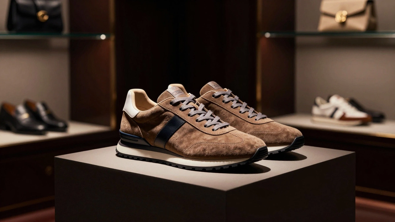 Luxury designer sneakers displayed dramatically in a high-end boutique setting.