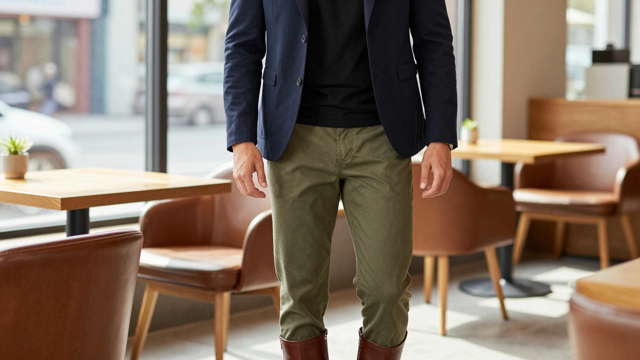 Model wearing a black t-shirt under a navy blazer with olive chinos in a cafe