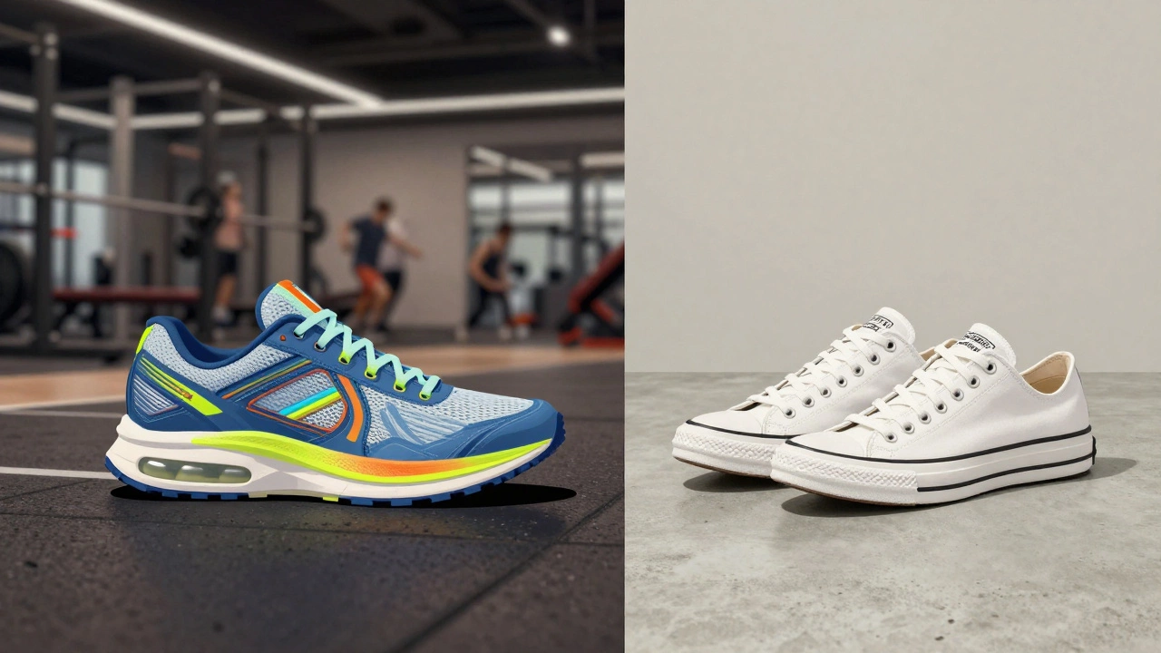 Split image contrasting a technical running shoe with a casual canvas sneaker.