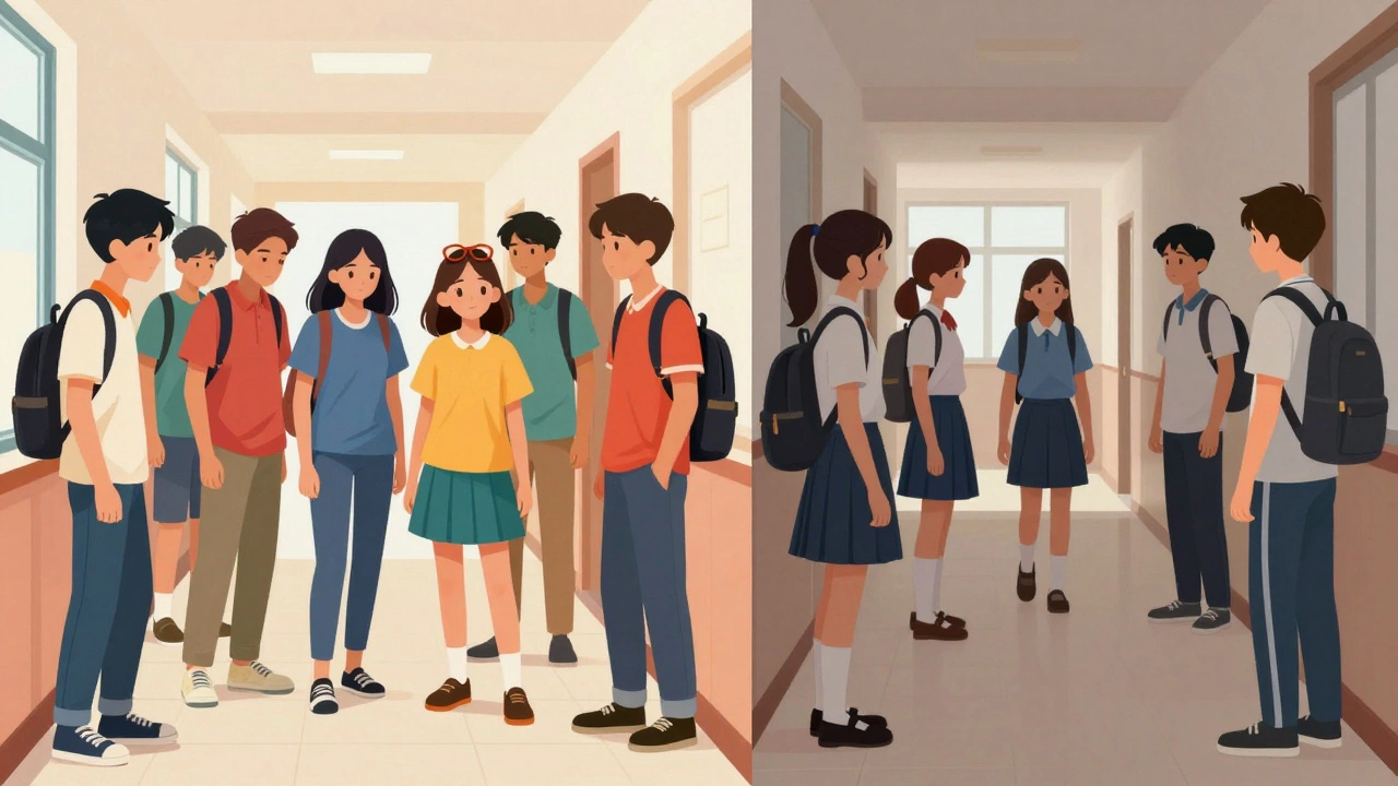 Split image contrasting chaotic branded clothes with calm uniformed students.