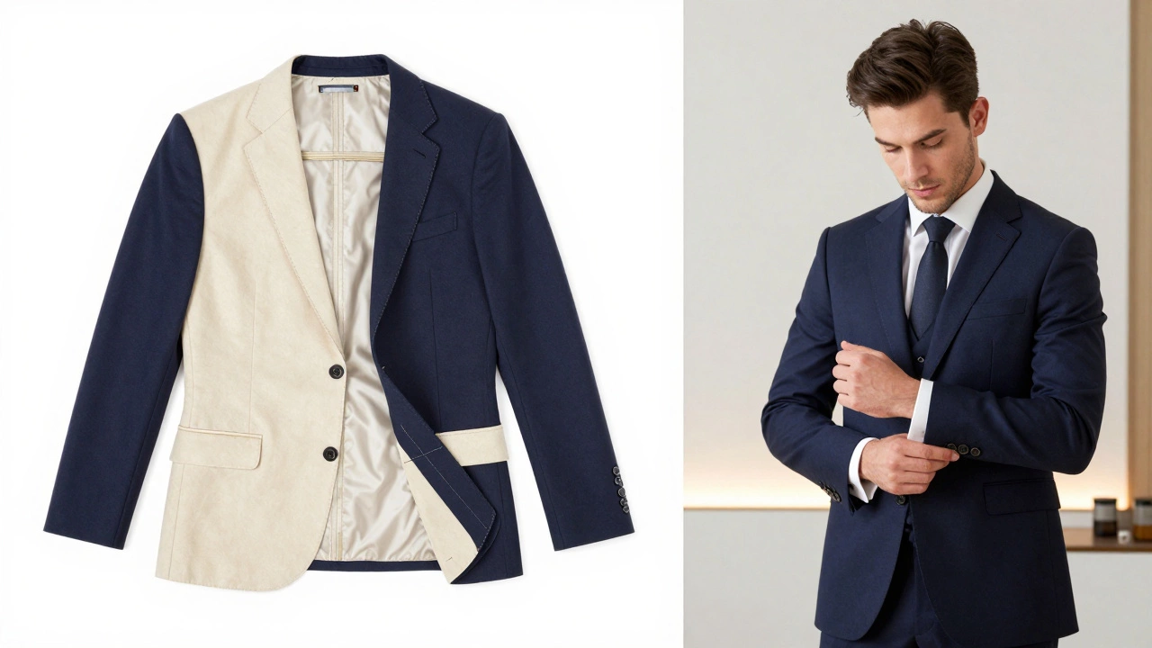 Split view showing suit interior construction and a man wearing it