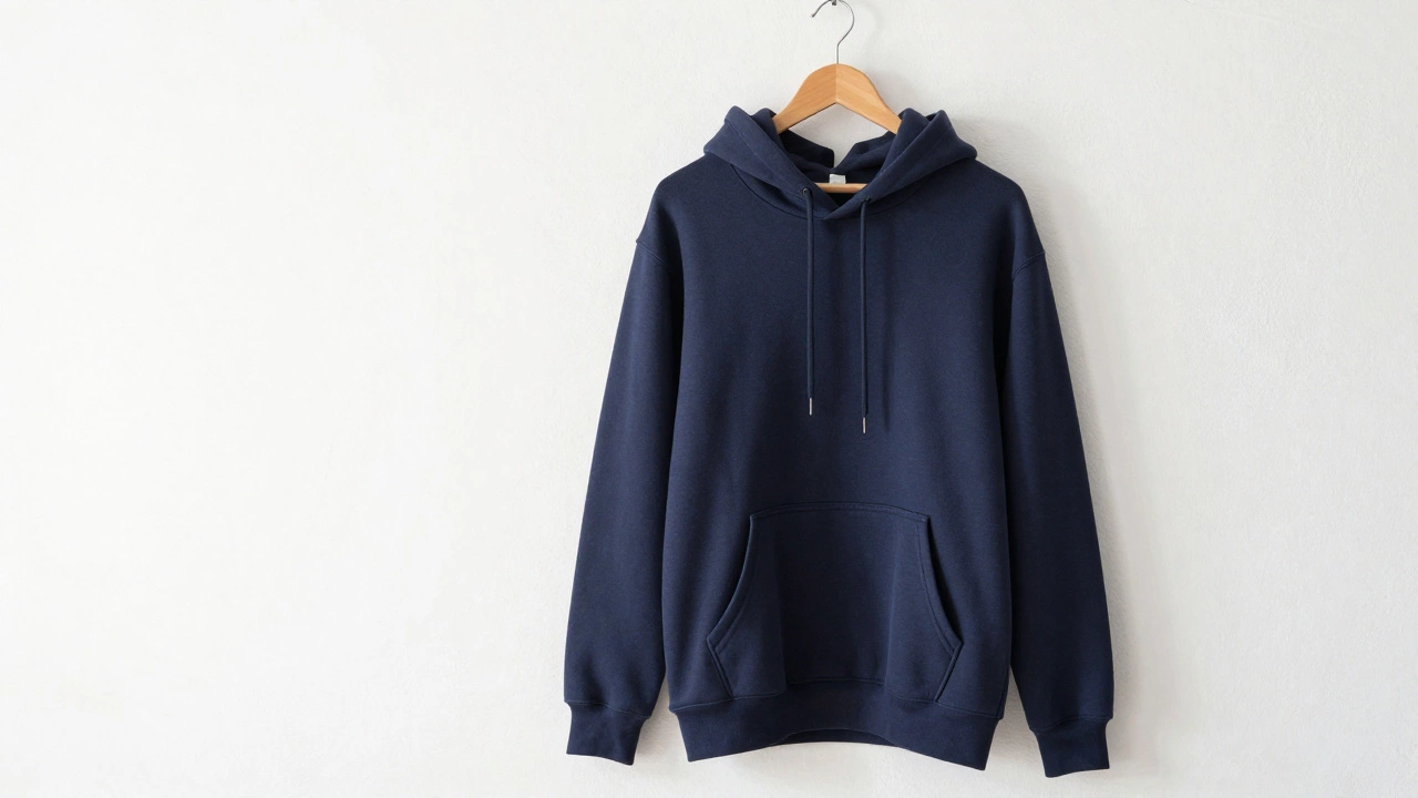 Structured navy hoodie hanging on wooden hanger