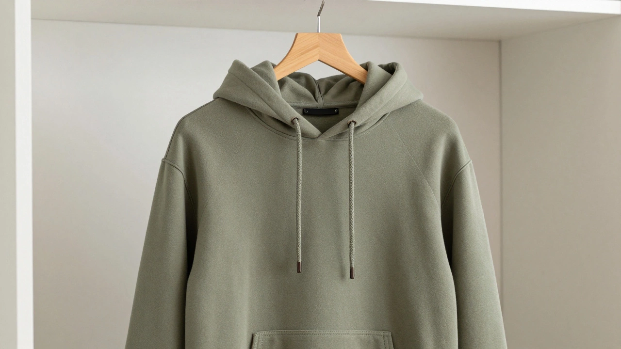 Well-fitted hoodie showing structured hood and metal aglets