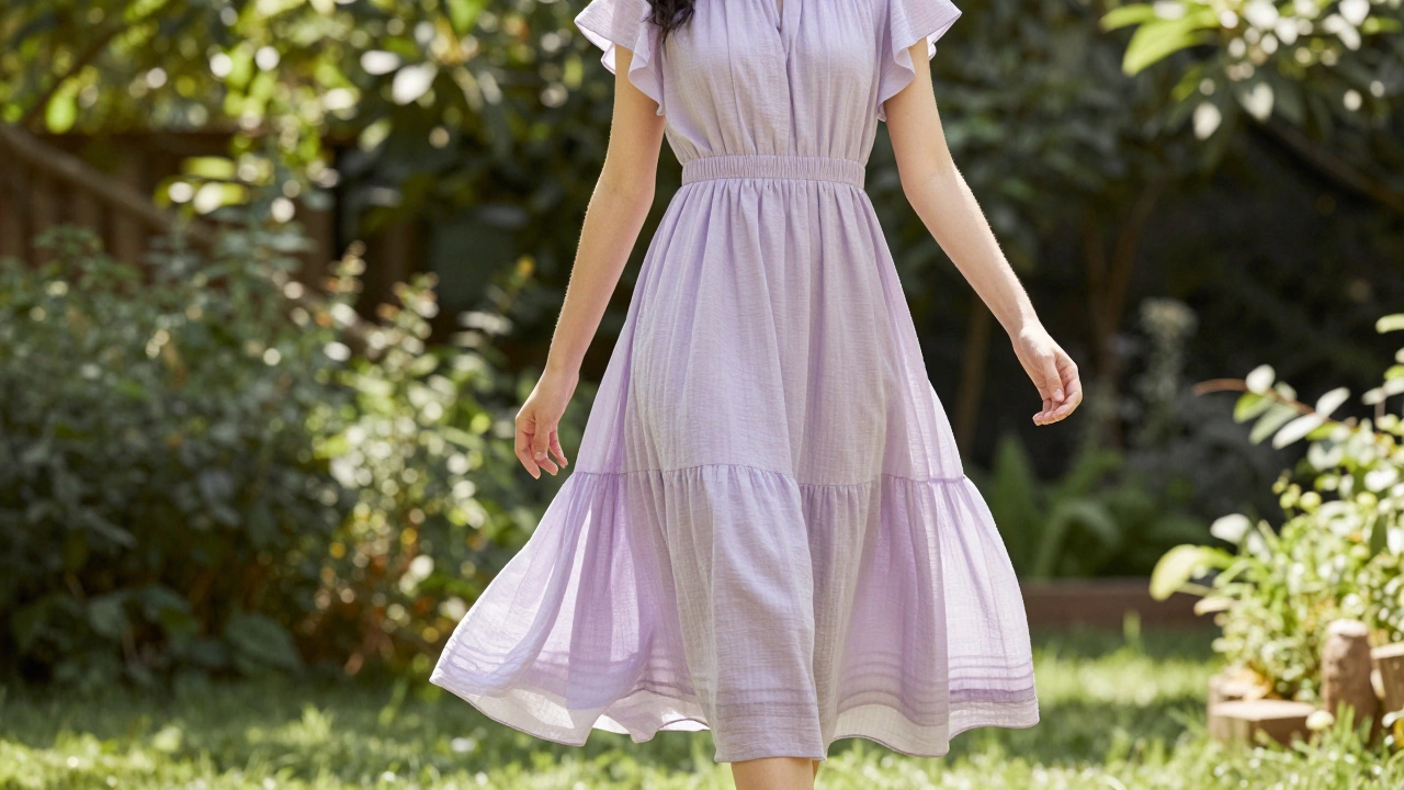 Woman wearing a flowing lavender A-line summer dress in a garden