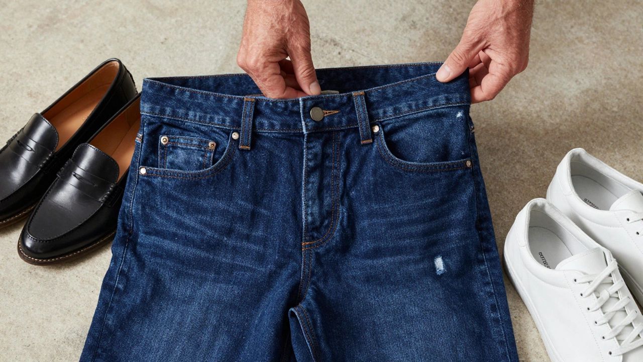 Close-up of stretch denim waistband with loafers and sneakers