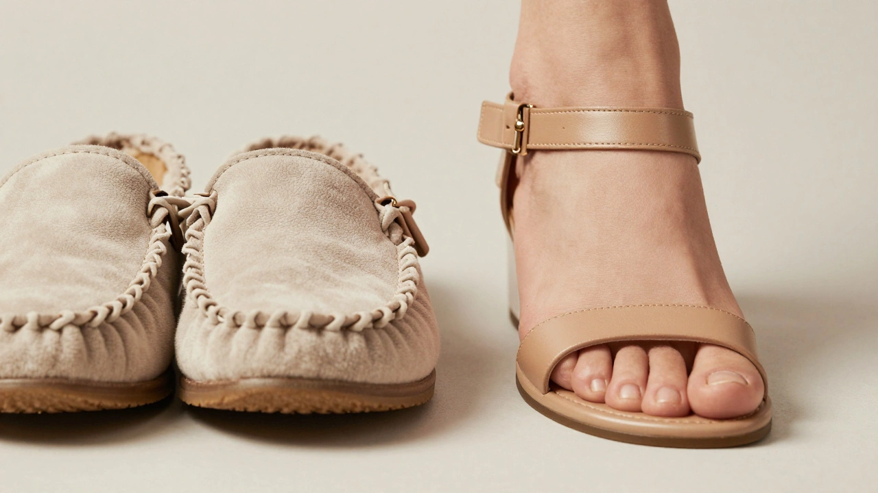 Comparison of soft indoor slippers and strappy outdoor sandals