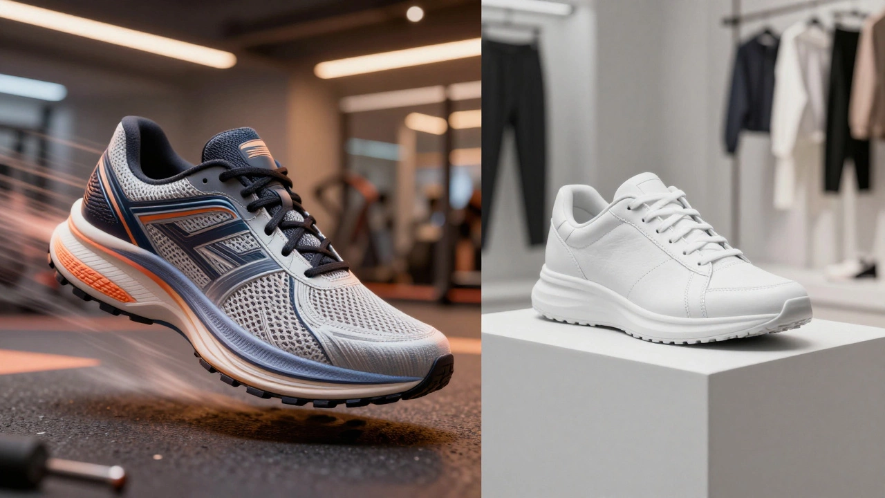 Comparison of technical running shoe anatomy versus classic leather lifestyle trainer.