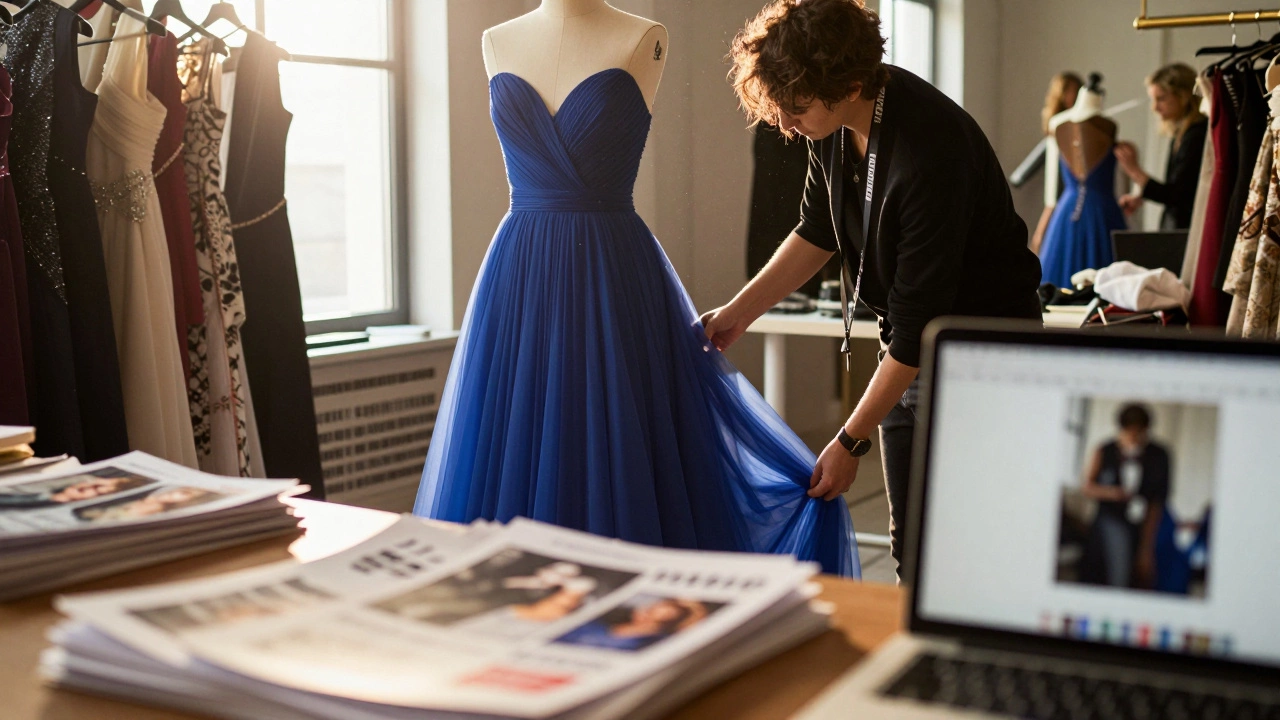 Designer gown being styled in an atelier with press coverage nearby