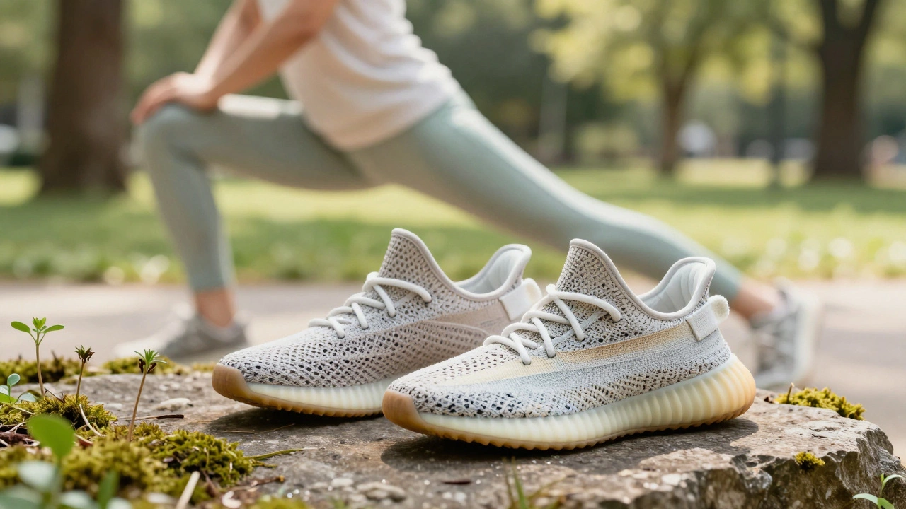 Eco-friendly sneakers made from recycled materials sitting on moss with plants.