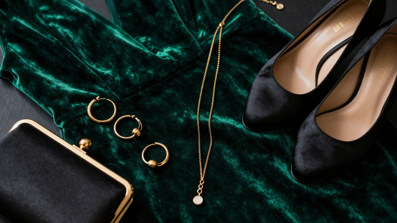 Emerald green dress, black shoes, and gold jewelry arranged in a luxury flat lay.
