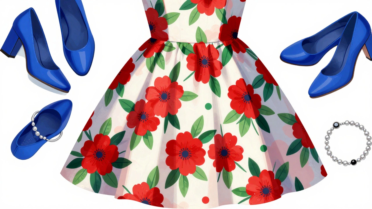 Floral dress with clashing accessories illustrating fashion color coordination mistakes.