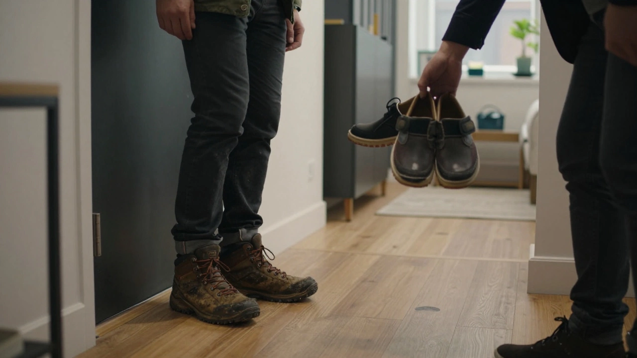 Guest removing outdoor shoes for house shoes at a London apartment