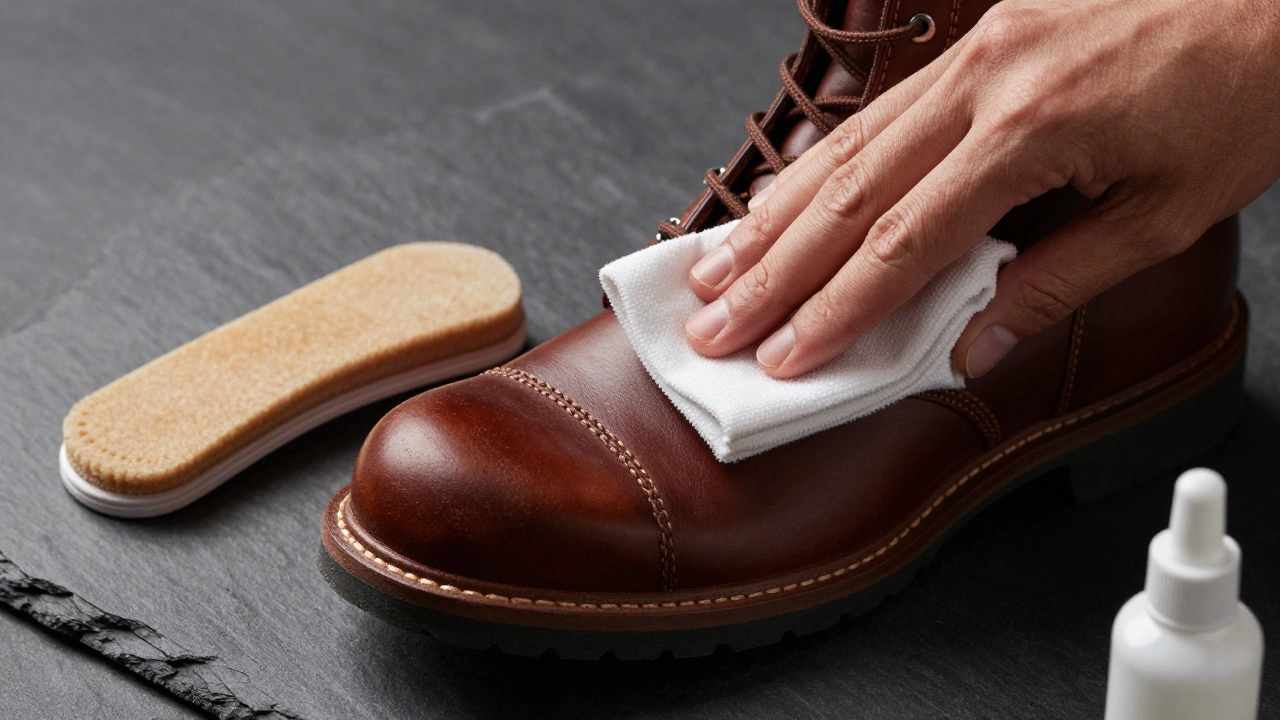 Hand cleaning a synthetic leather BOC boot with a cloth