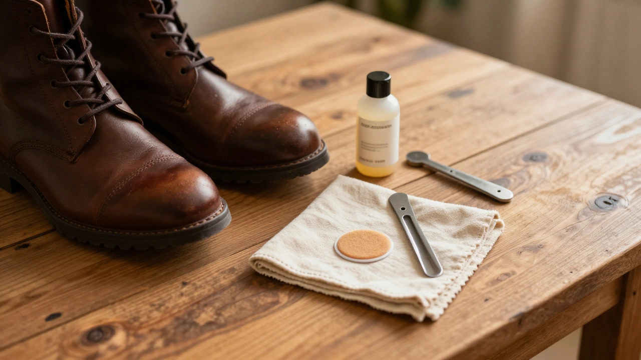Leather boots with conditioner and stretcher on wooden table