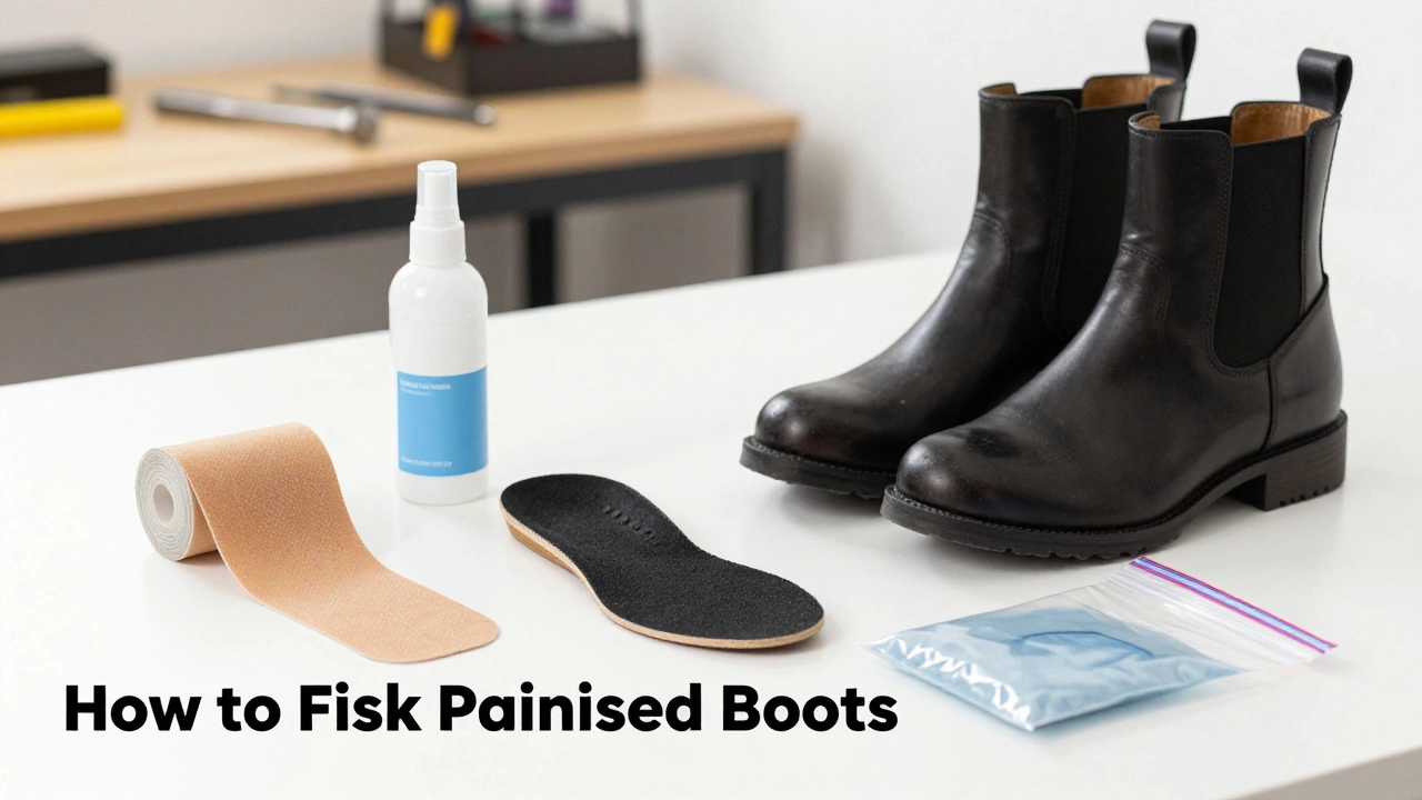 Leather stretch spray, moleskin, and insoles for boot comfort