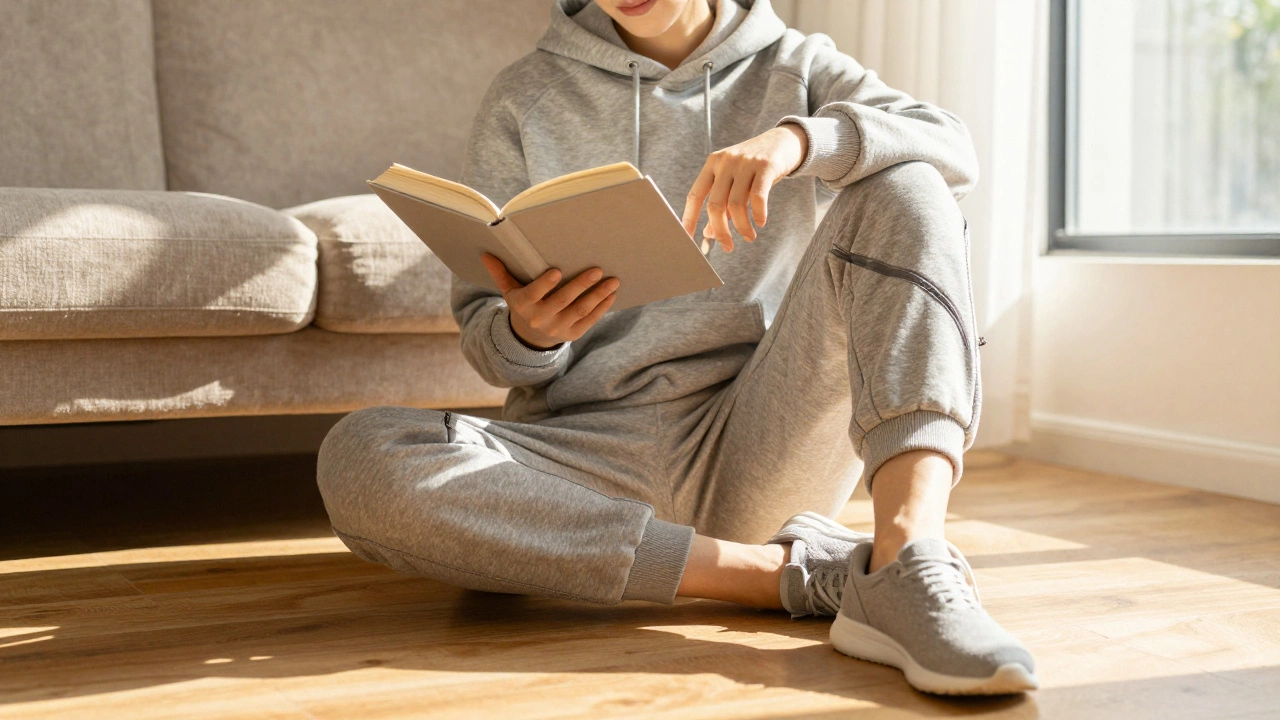 Person relaxing in casual hooded sweatshirt in sunny room