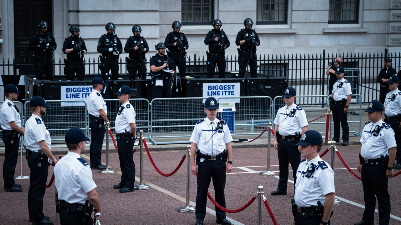 Police officers managing security barriers around a major London event