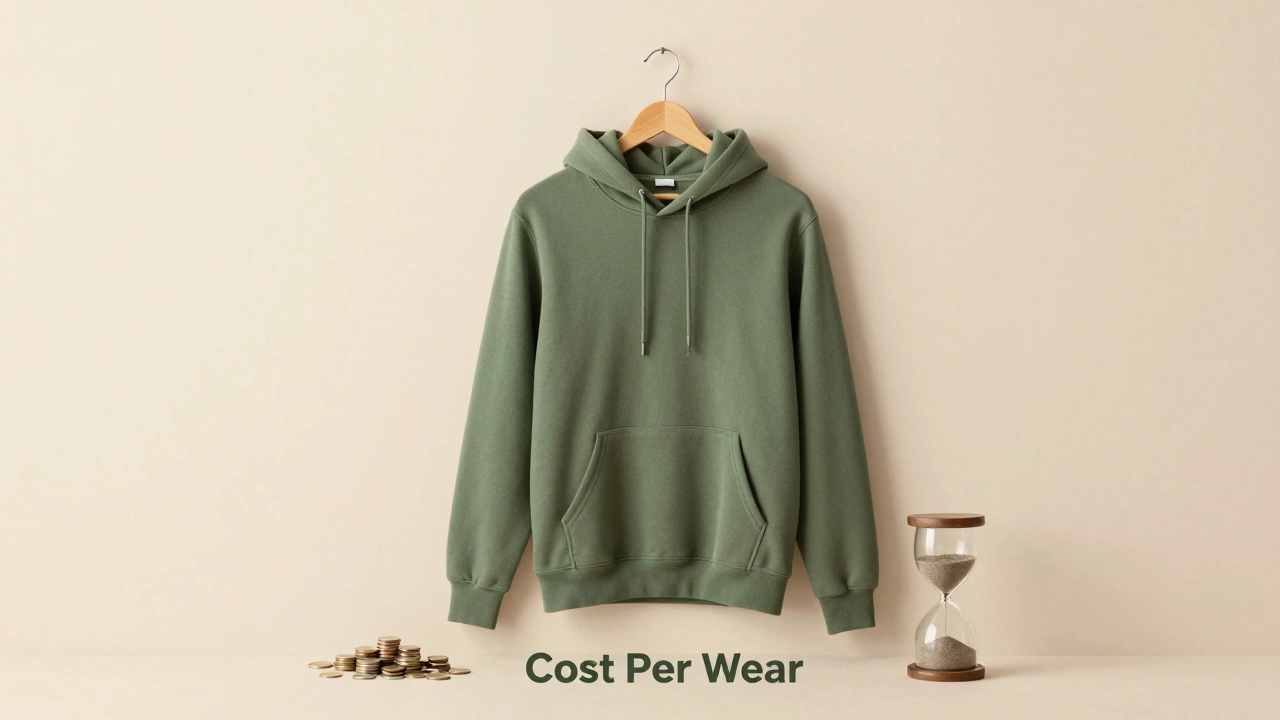 Pristine olive hoodie on hanger with coins symbolizing cost per wear