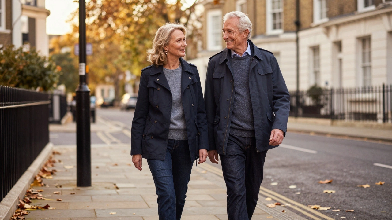 Senior couple in smart-casual jackets and jeans walking outdoors