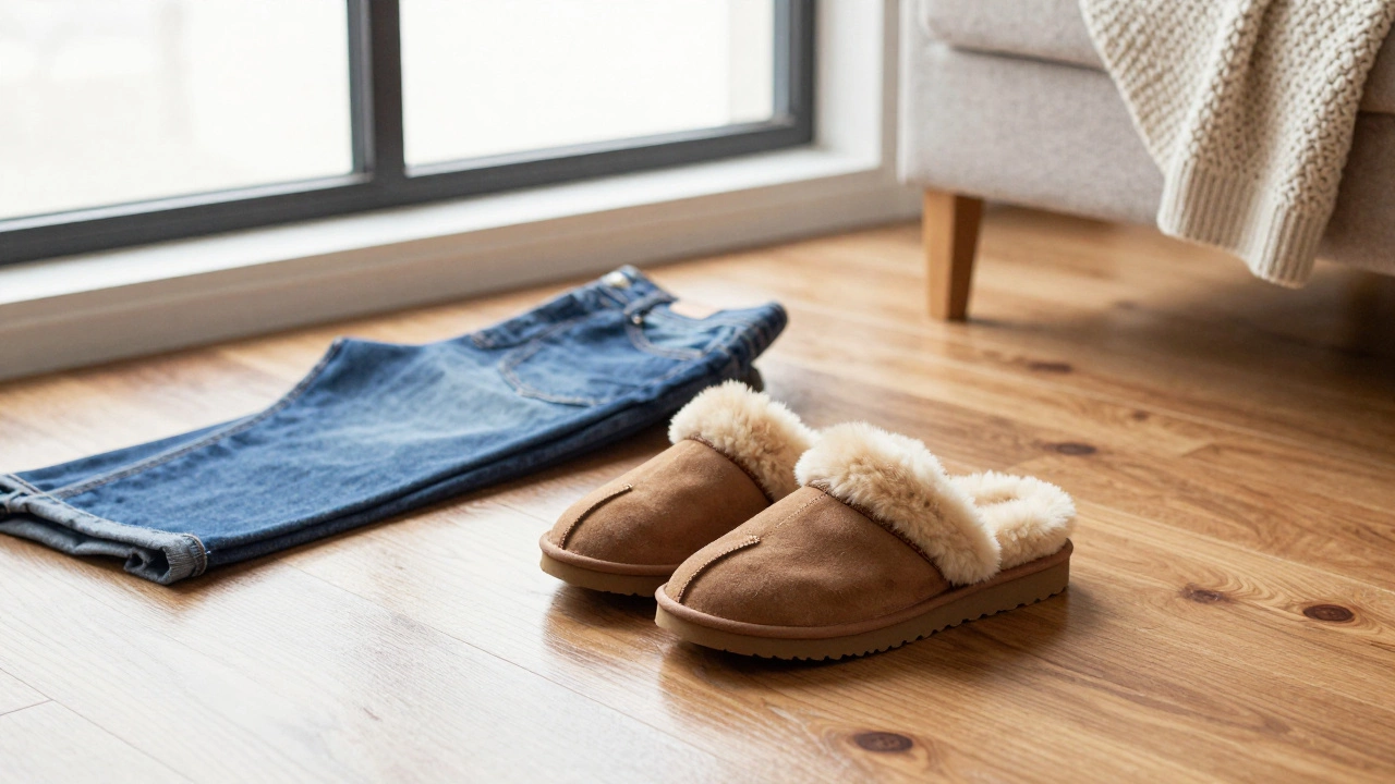 Stylish slippers with jeans and sweater on wooden floor