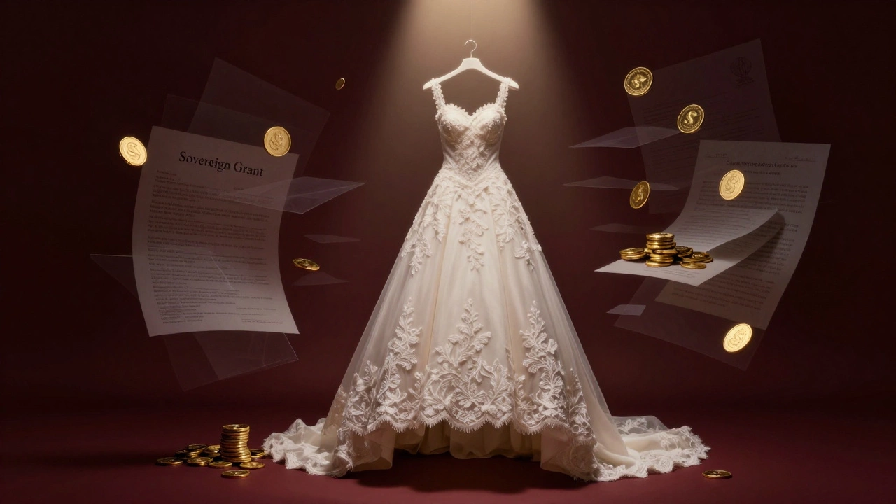 Symbolic image of a royal wedding dress amidst gold coins and documents