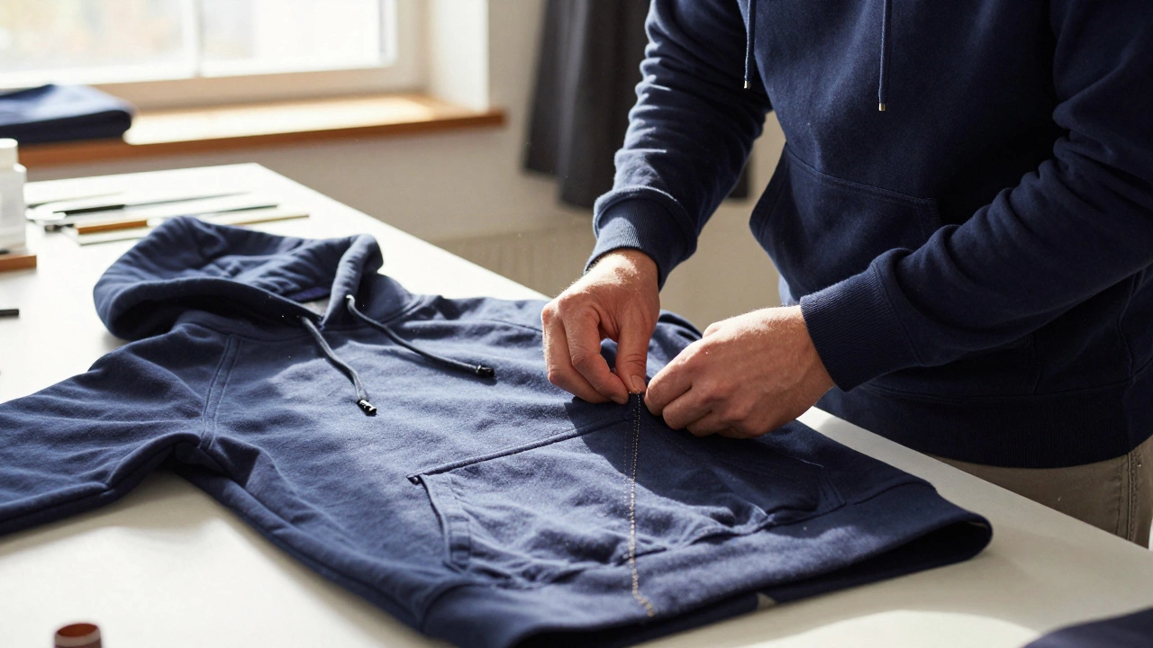 Tailor's hands sewing reinforced seams on a high-quality navy hoodie