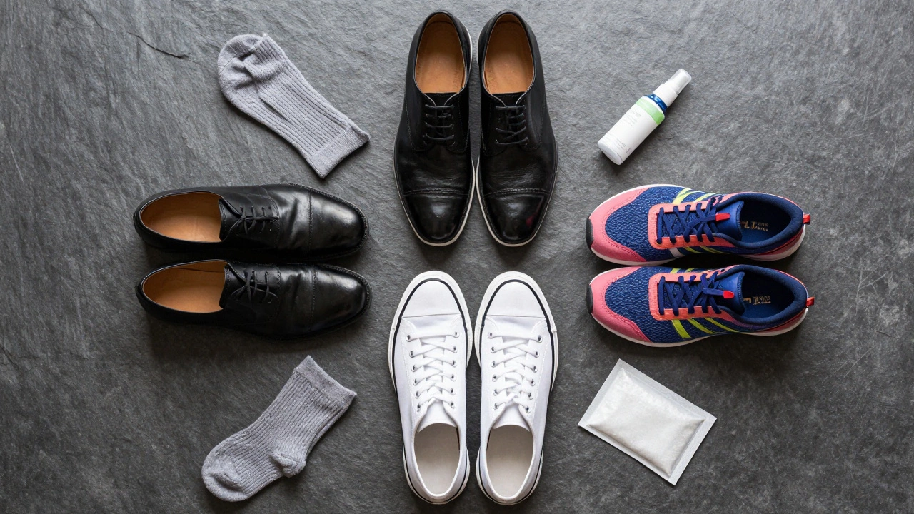 Three pairs of different shoes arranged for rotation with care accessories