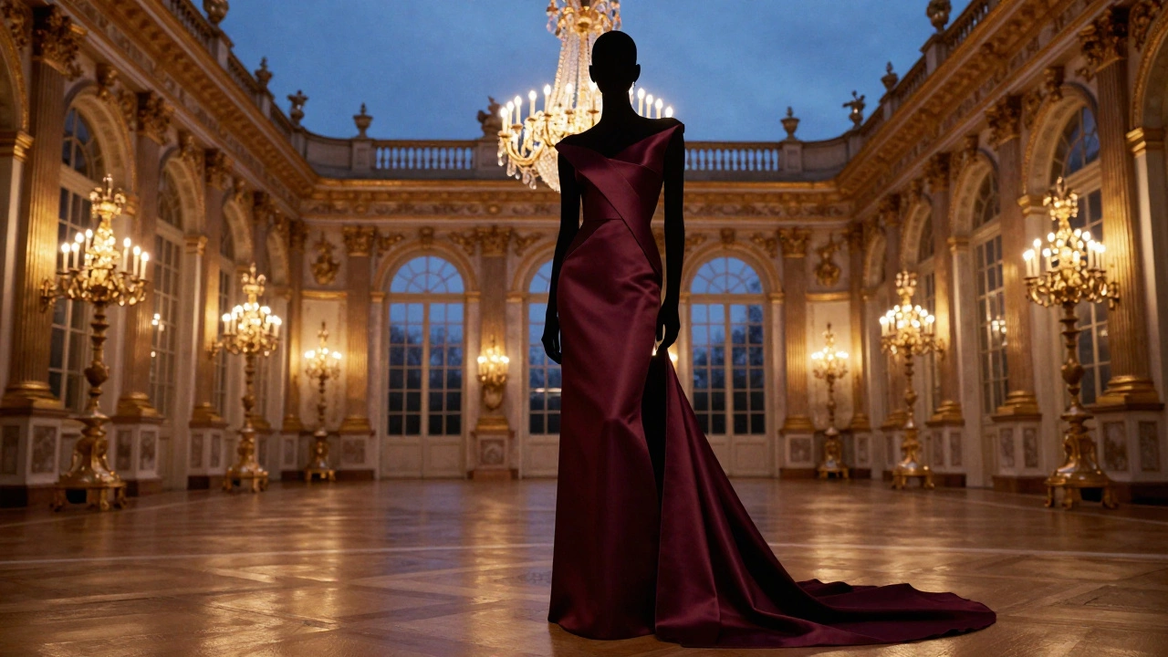 Woman in sleek burgundy Givenchy gown in palace ballroom