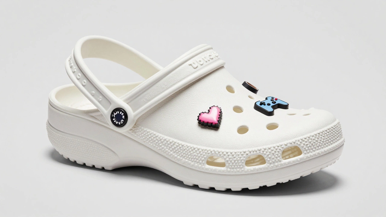 Close-up of a white Croc shoe decorated with colorful personalized Jibbitz charms.