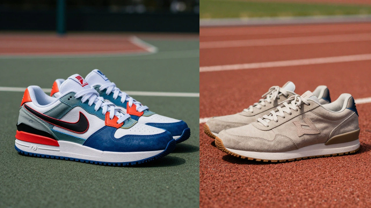 Conceptual split image comparing US sneakers and UK trainers