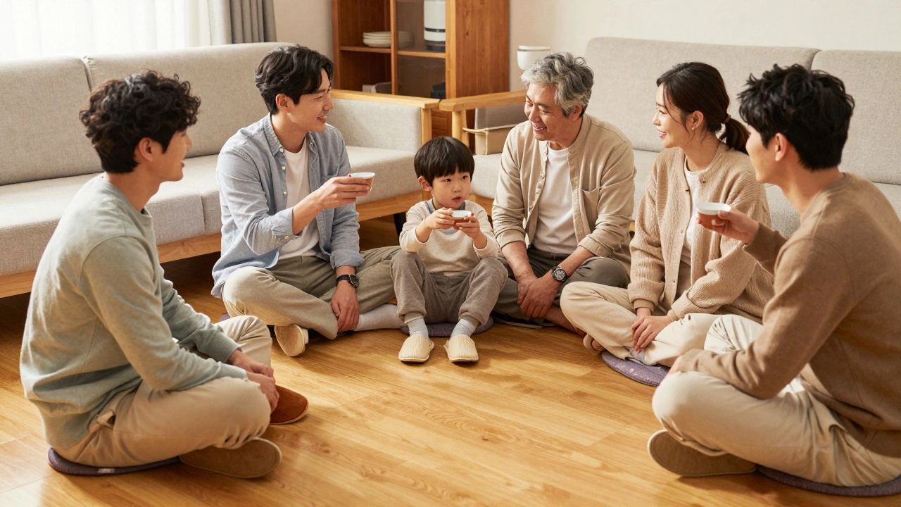 Family sitting on a heated Korean floor wearing comfortable indoor slippers.